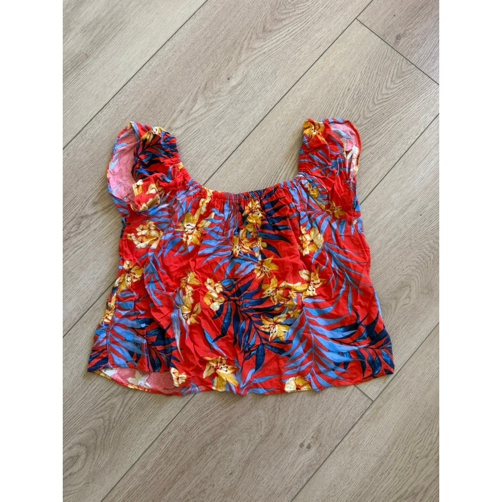 Rip Curl Womens XS Red Tropical Floral Square Neck Cap Sleeve Boho Crop Top